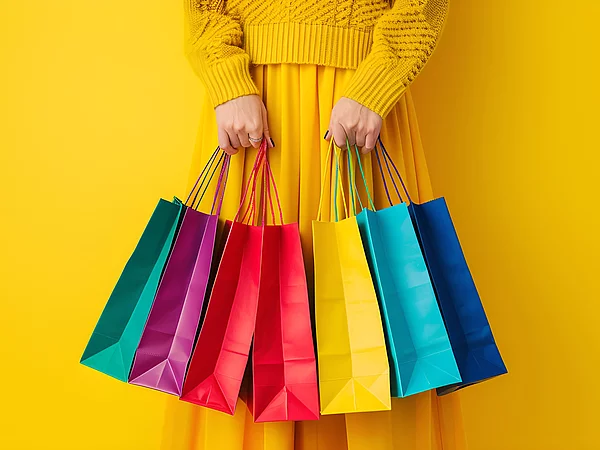 Frau hält verschiedene Einkaufstüten fest