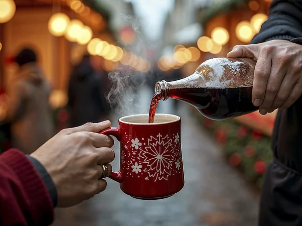 Glühwein wird in Tasse eingeschonken 