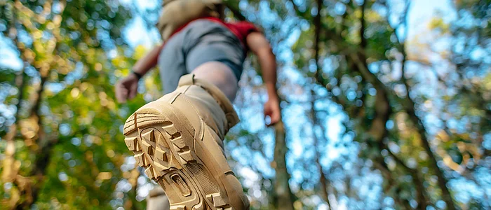 Mann von unten fotografiert bei einer Waldwanderung